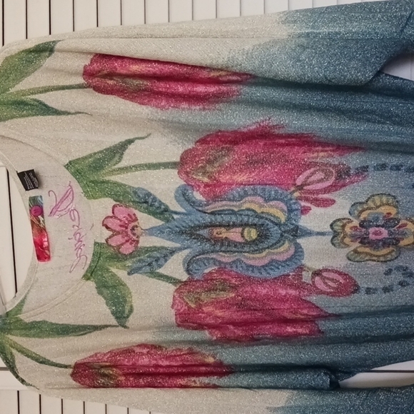 DESIGUAL Boho Dolman Sleeve Floral Mettalic Disco Mini Dress, Sz M - Picture 5 of 15